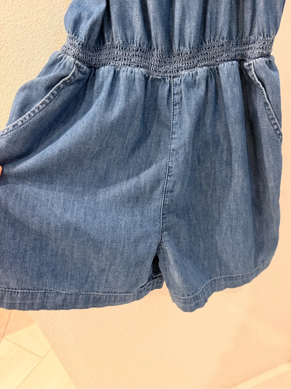 GAP Kids Denim Smocked Strap Romper in Classic Blue Chambray Girls Large